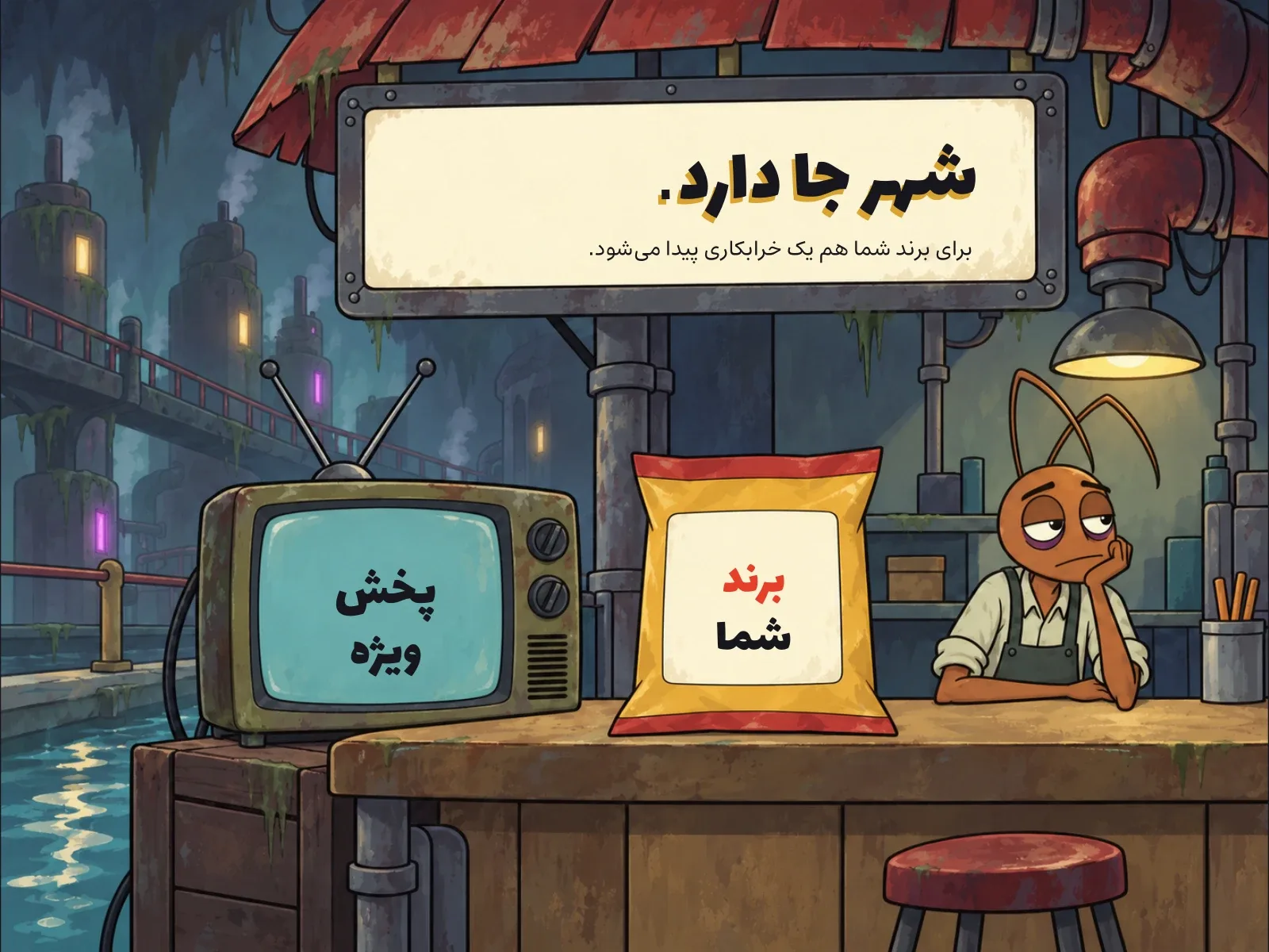 دکه‌ی کنار آب در شهر کوران با تابلوی «شهر جا دارد.»، یک تلویزیون قدیمی با نوشته‌ی «پخش ویژه» و بسته‌ی محصول «برند شما» روی پیشخوان؛ نمونه‌ی جایگذاری